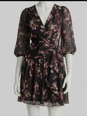 NWT DKNY Women’s Floral Wrap Dress Size 12 Black Long Sleeve Ruffle Midi Party